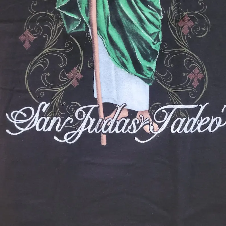 San Judas Tadeo T shirt Saint Jude Glitter Tshirt Medium, Black unisex top summer tee comfy religious top with glitter accents