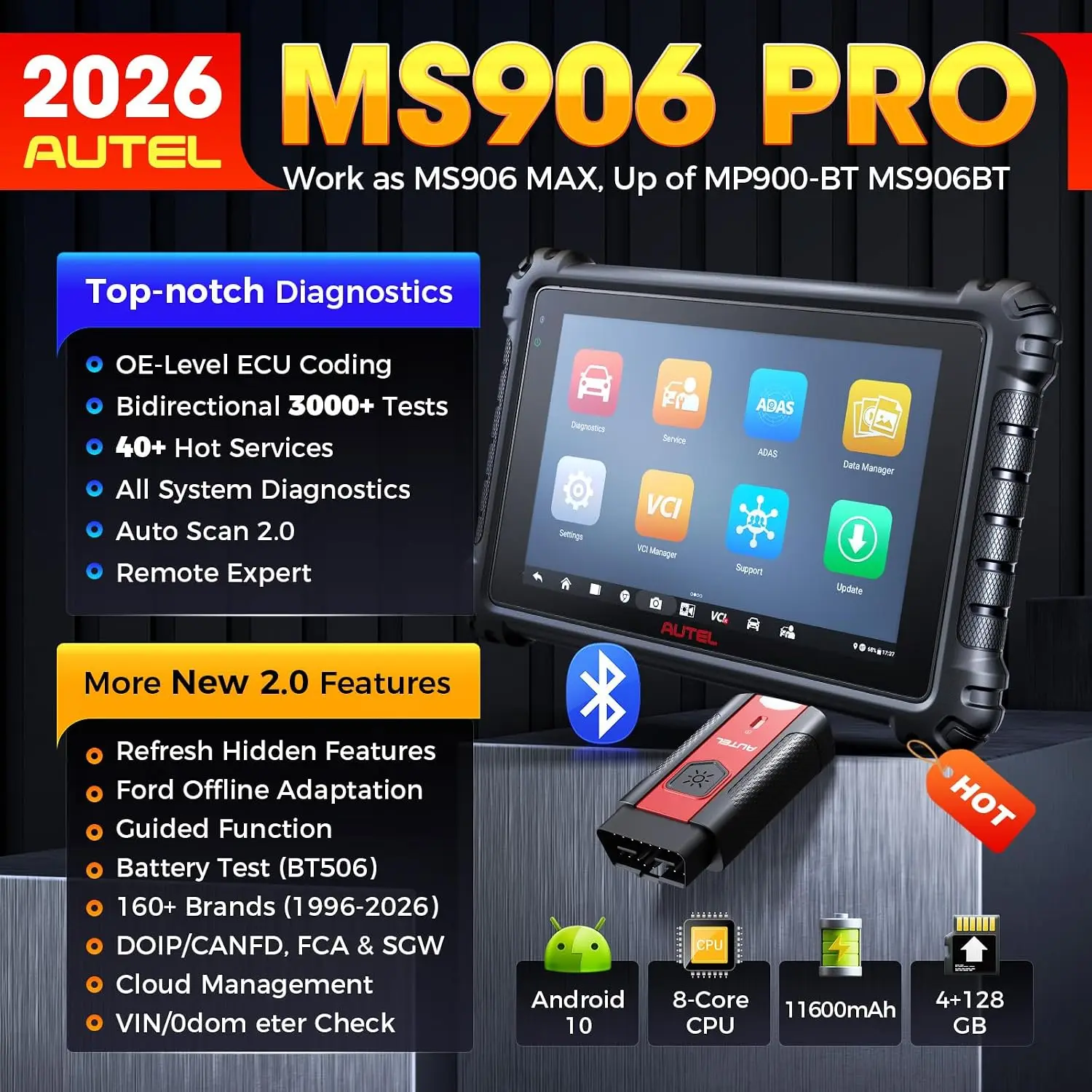 Autel MaxiSYS MS906PRO Scanner Bidirectional Diagnostic Tool, Same As MS906 MAX Diagnostic Scanner, 40+ Services, CAN-FD&DOIP