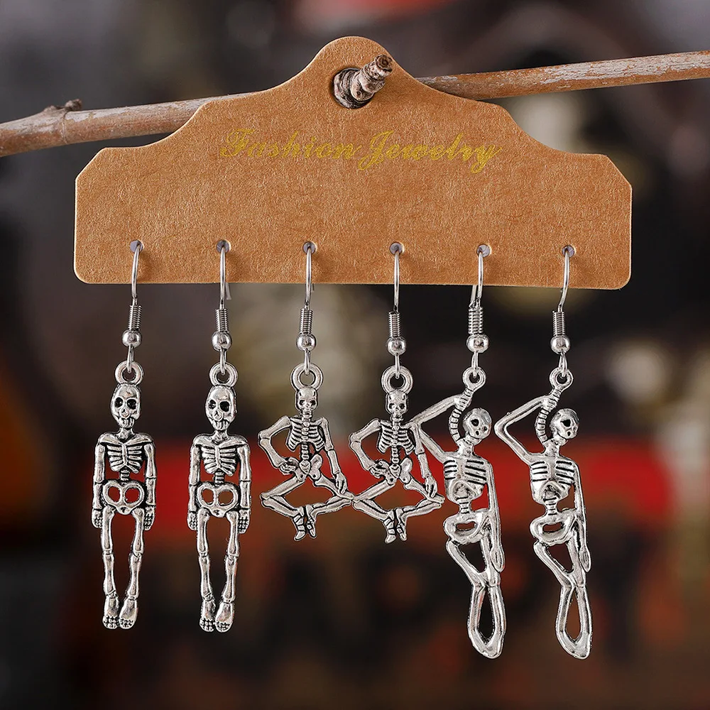 

3 Pairs Halloween Combination Earrings Set for Women Vintage Goth Punk Skull Skeleton Dangle Earring All Saints' Day Jewelry
