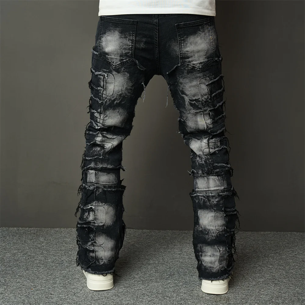 Streetwear HipHop Men Ripped Spliced Patch Straight Jeans Stylish Male Distressed Loose Biker Denim Pants