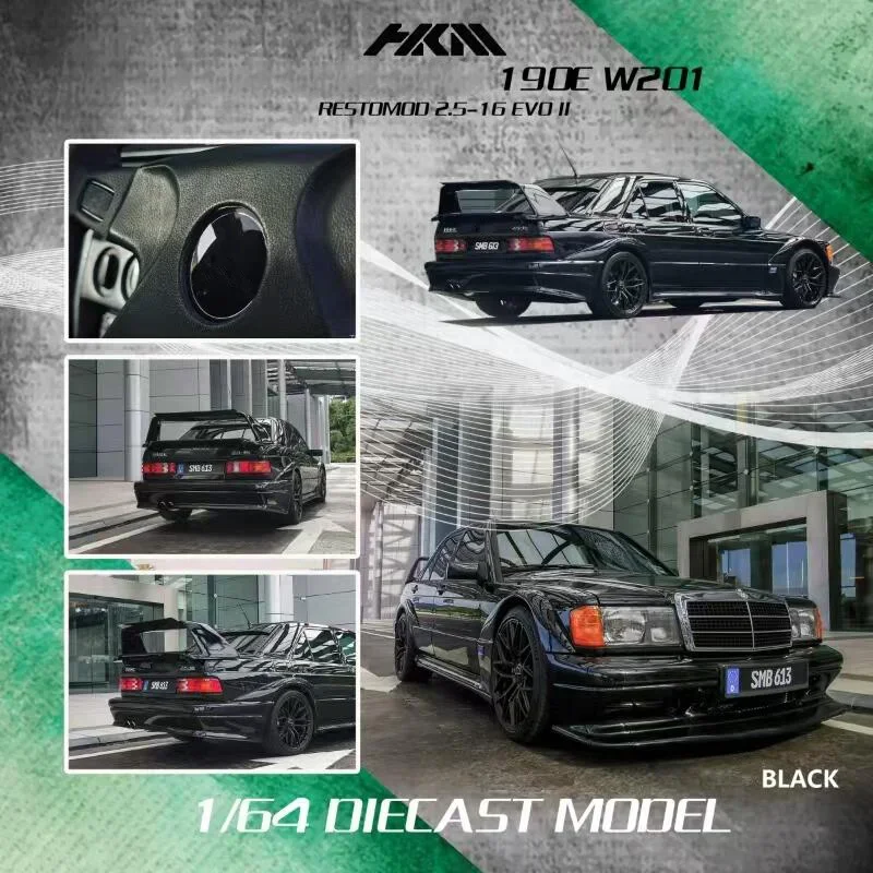 

HKM 1:64 190E W201 2.5-16 Evo II Restmod Глянцевый черный литой автомобиль Коллекция миниатюрных моделей