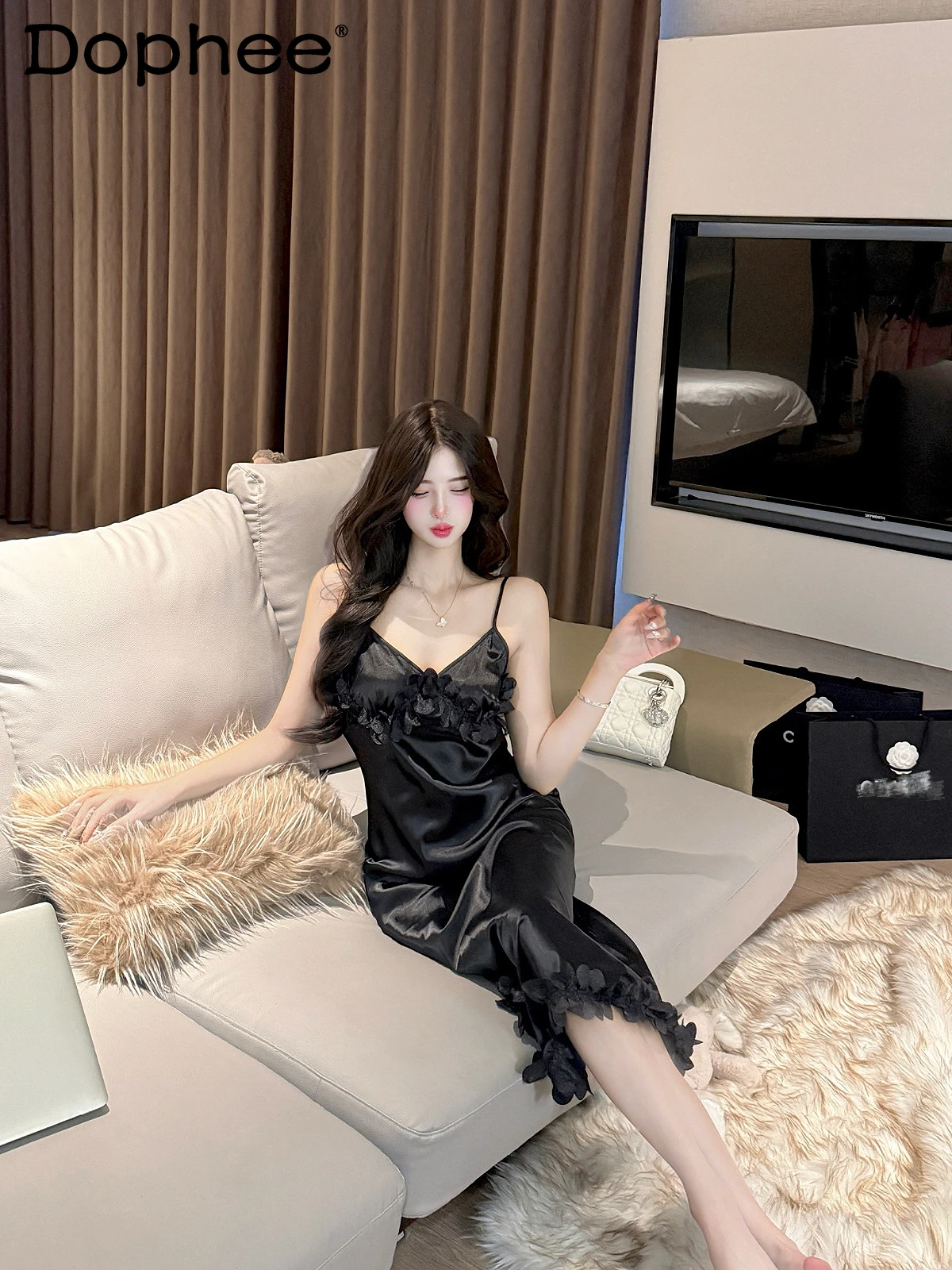 

2025 New Sexy Ice Silk Strap Nightdress Spring Summer Cool Breathable High-end Home Wear Pajamas for Women