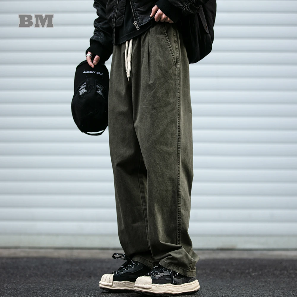 Spring Summer Cargo Pants Men Cotton Enzyme Wash Distressed Loose Fit Straight Leg Khaki Drawstring Elastic Waist Casual Pants