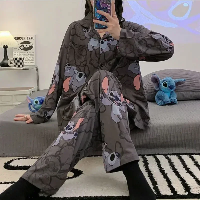 Kawaii Stitch Pajamas Anime Cute Girl Thin Pajamas Pajama Pants Two Piece Set Cartoon Sweet Printing Long Sleeves Tracksuit New