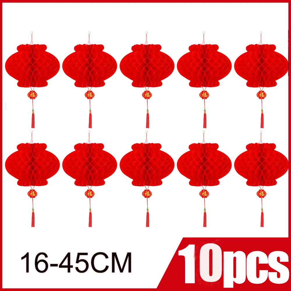 10 pçs de plástico tradicional chinês papel vermelho favo mel lanterna reutilizável primavera festival pingente ano novo casa decoração de suspensão