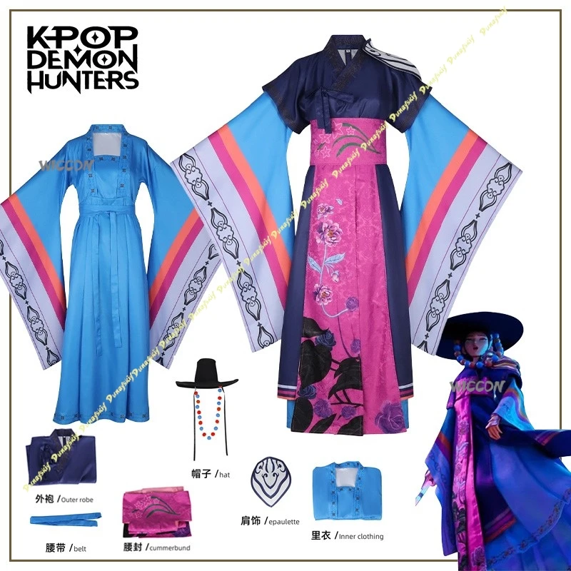 

Anime Cosplay Costumes KPop Demon Hunters Rumi Mentor Celine Clothe Suit Robe Han Hat Blue Accessories Party Christmas Halloween