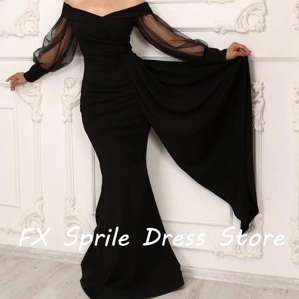 V Neck Off the Shoulder Tulle Long Sleeves Mermaid Jersey Floor Length Solid Color Elegant Evening Dress Custom Size Woman 2024