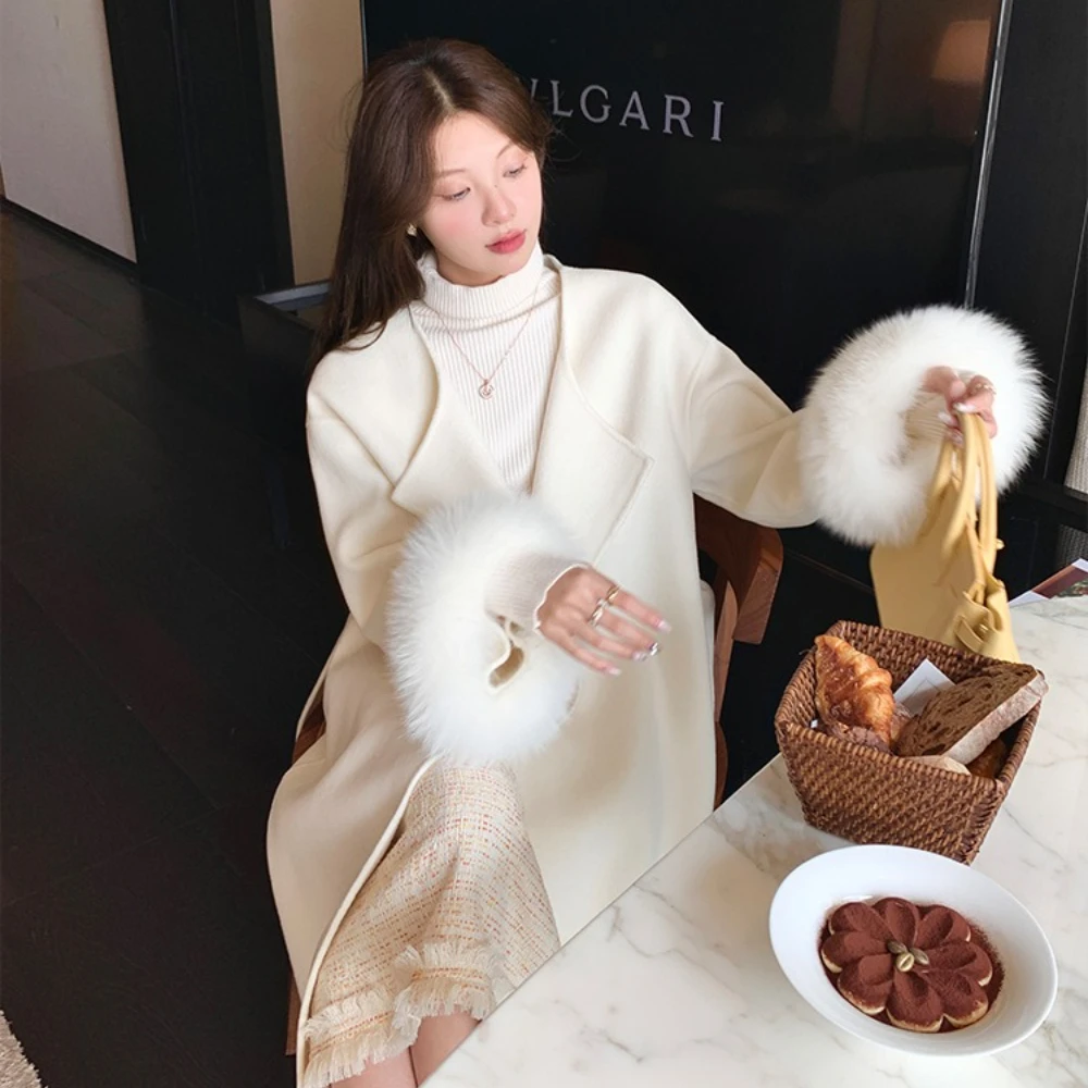 Élégant réel manteau de fourrure de renard mode hiver femmes chaud longue Double face cachemire laine pardessus 2025 nouveau automne couleur unie manteau