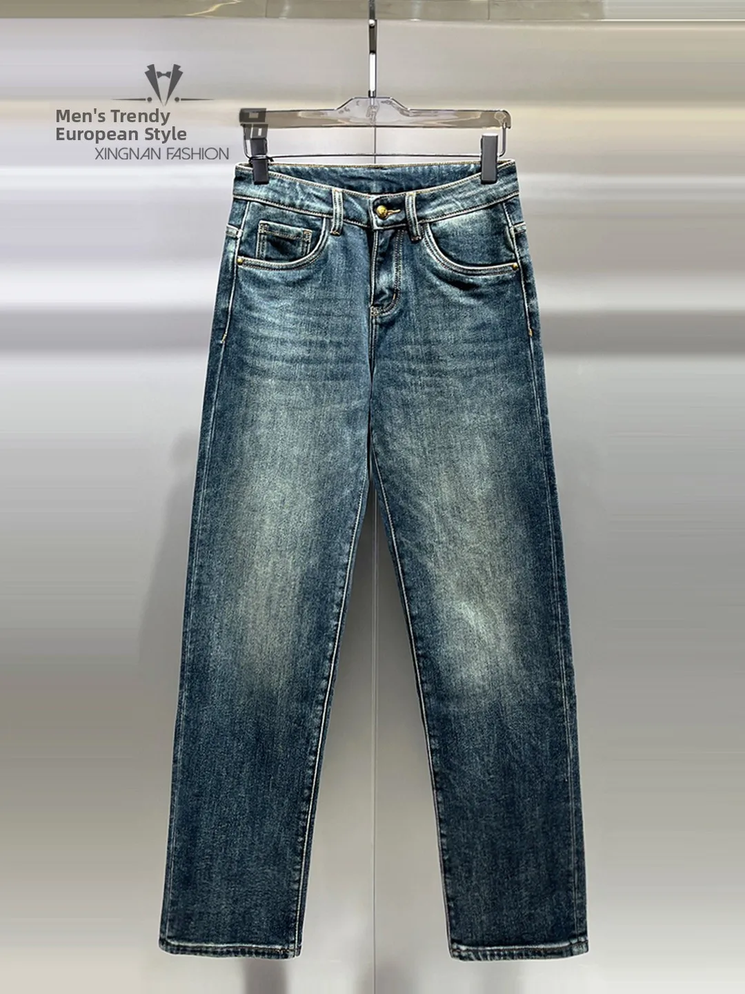 

Мужские джинсы с флисовой подкладкой, винтажные, повседневные, свободного прямого кроя, длинные брюки, осенне-зимняя модная молодежная модель