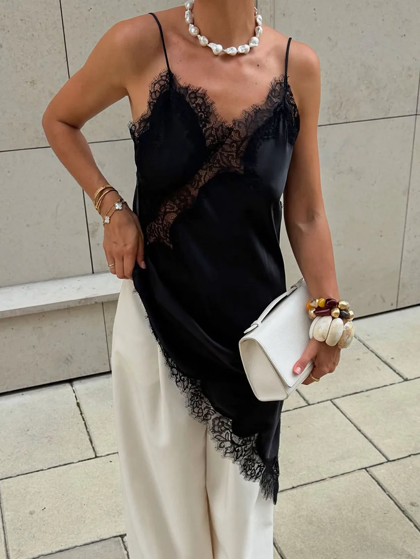 جديد الدانتيل البسيطة السباغيتي فستان بحزام للنساء غير النظامية عارية الذراعين شق مثير مساء فستان الحفلات الإناث عالية الخصر أسفل فساتين #5