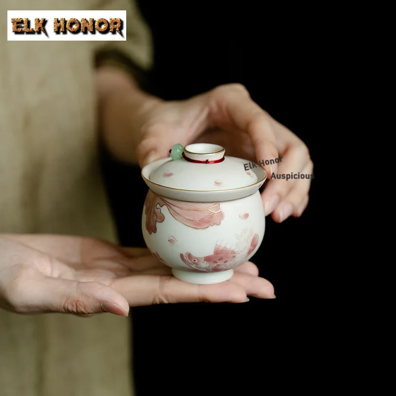 

110ml Gold Drawing Hand-painted Red Fish Algae Gaiwan Japanese Tea Tureen Tea Bowl With Lid Kit Tea Making Cover Bowl Teaware