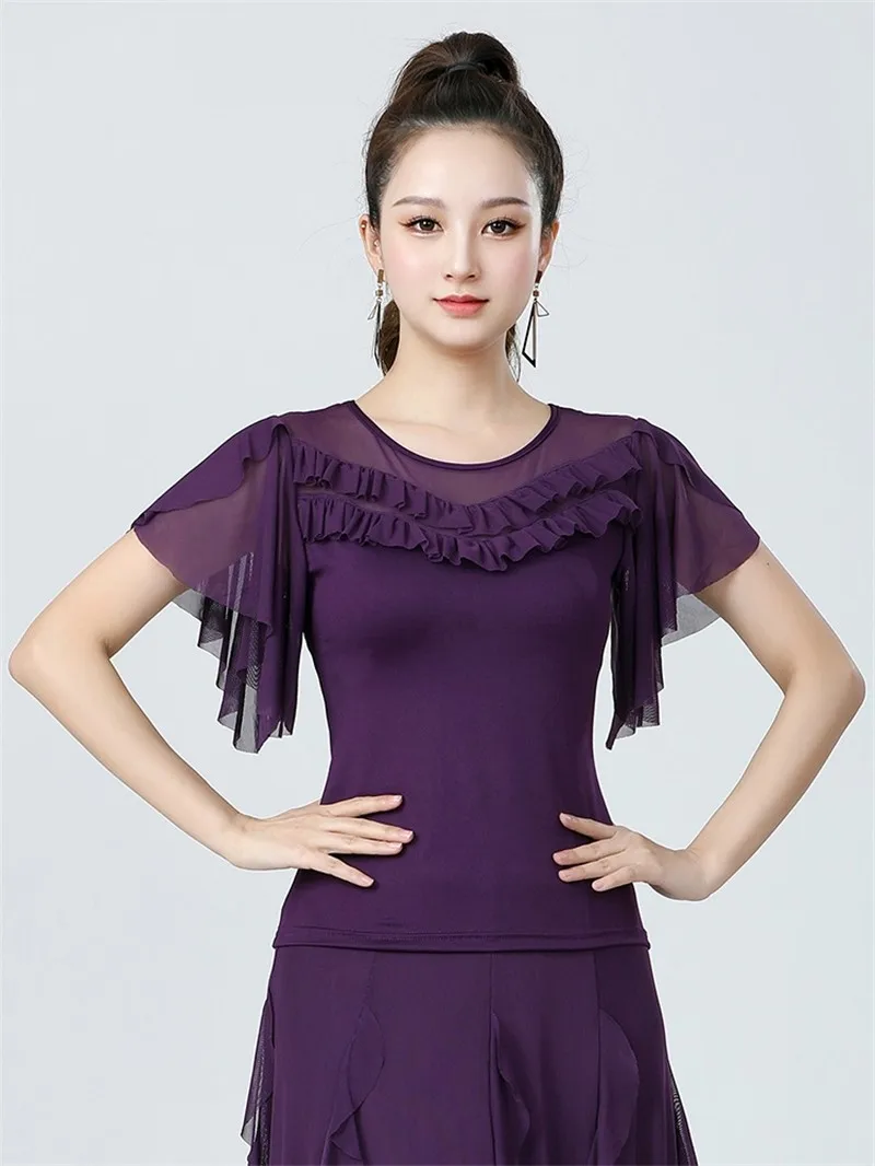 

Women Latin Dance Top Tango Jazz Waltz Ballroom Dancing Shirt Short Sleeve Ruffles Dance Practice Performance Dance Costume