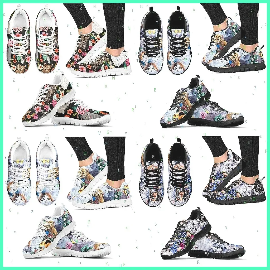

Женские кроссовки с кошачьим принтом, милый мультяшный цветочный дизайн, дышащая удобная повседневная обувь для улицы
