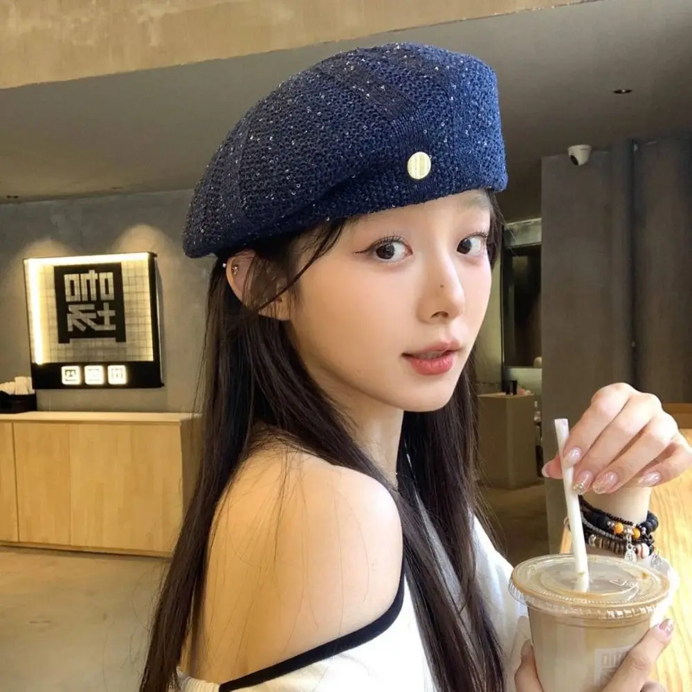 

Brimless Cap Breathable Sequin Beret Hat Hollowed Out Japanese Style Weave Hat Paillette Thin Crochet Knitted Cap Holiday
