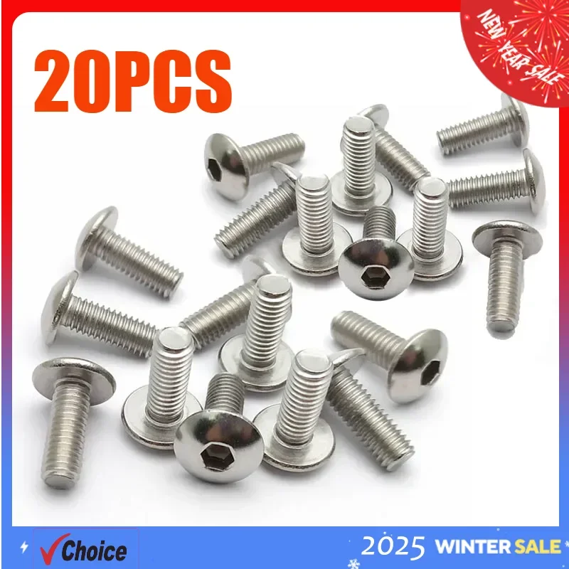 20pcs Stainless steel Big Flat Round Head Inner Hexagon Screw Bolt M6 6mm M5 5mm for Motorcycle Scooter ATV Moped Plastic Cover