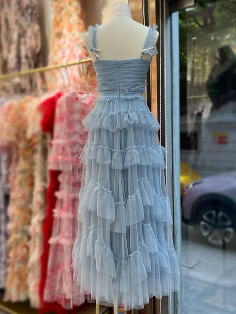 Dfdg feminino 2025 luxo decote em v malha em camadas vestido de noite designer querida vestido primavera verão praia festa vestido de casamento