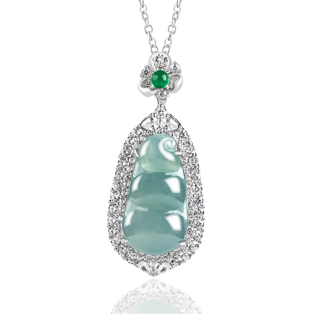 

925 Silver Natural Ice Green Jadeite Carved Bean Style Gem Pendant Amulet S925 Necklace Certificate Luxury Jade Vintage Jewelry