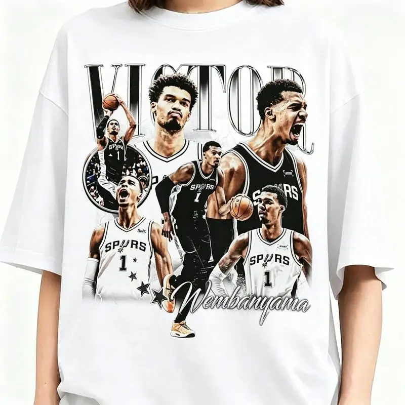 Unisex Wembanyama Inspired 90s Vintage Graphic Streetwear T-Shirt - Soft Fabric Crew Neck Basketball Top, Oversized/Baggy/Cropped Loose Fit, Denim Cardigan & Overall Compatible Sports Outdoor Top, Do Not Bleach
