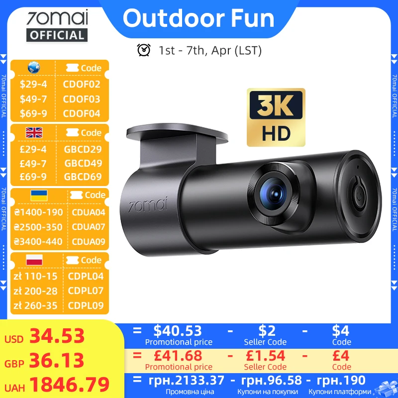 Globale Version 70mai Dashcam M310 plus 3K 1620p WDR f1.55 Blende Sprachsteuerung Auto DVR Wi-Fi 6 unterstützt 24-Stunden-Parkmodus-App
