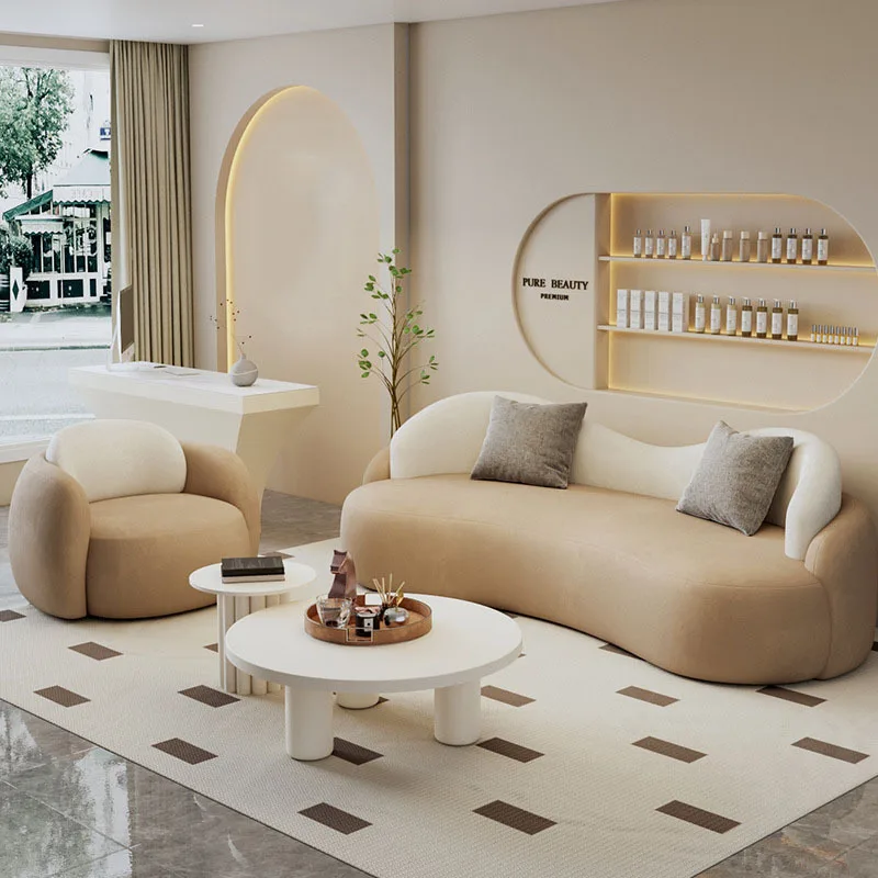 Nordic curved small apartment household fabric sofa, beauty salon lounge area reception double sofa