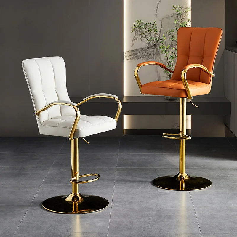 

Office Nordic Bar Stools Swivel Cream Adjustable Leather Metal With Back Bar Stools Leather Arm Taburete Alto Bar Furniture