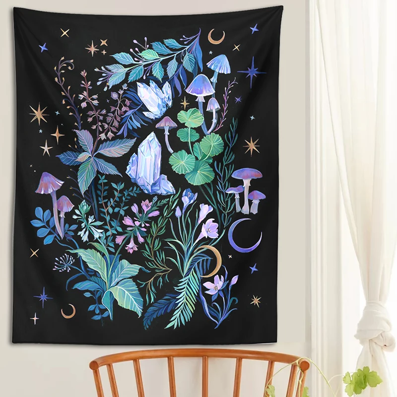 Crystal Garden Tapestry Wall Hanging Plant Flower Psychedelic Mushroom Magic Witchcraft For Bedroom Dorm Living Room Decoration