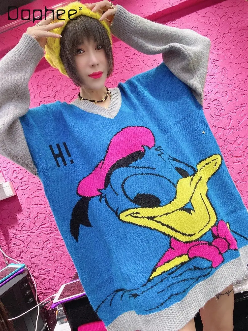 

Cartoon Duck V-Neck Pullover Sweater for Women, Winter Loose Fit, Soft and Thick Knitted Top Oversized Pullover Sweater Women