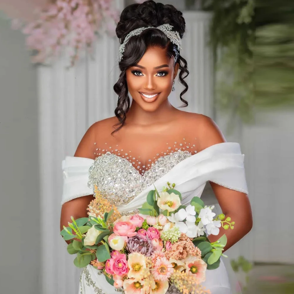 2025 Off the Shoulder Beaded Sequin Bridal Gown Customized Mermaid Wedding Dresses Ruffles Bottom Satin vestidos de novia