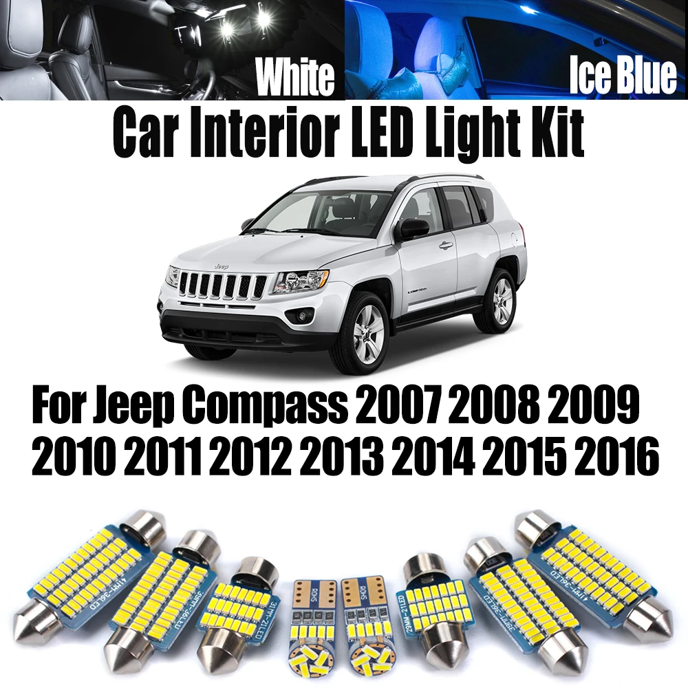 

9Pcs Canbus LED Interior License Plate Light Map Dome Trunk Reading Bulb Kit For Jeep Compass 2007- 2015 2016 Car Accessories