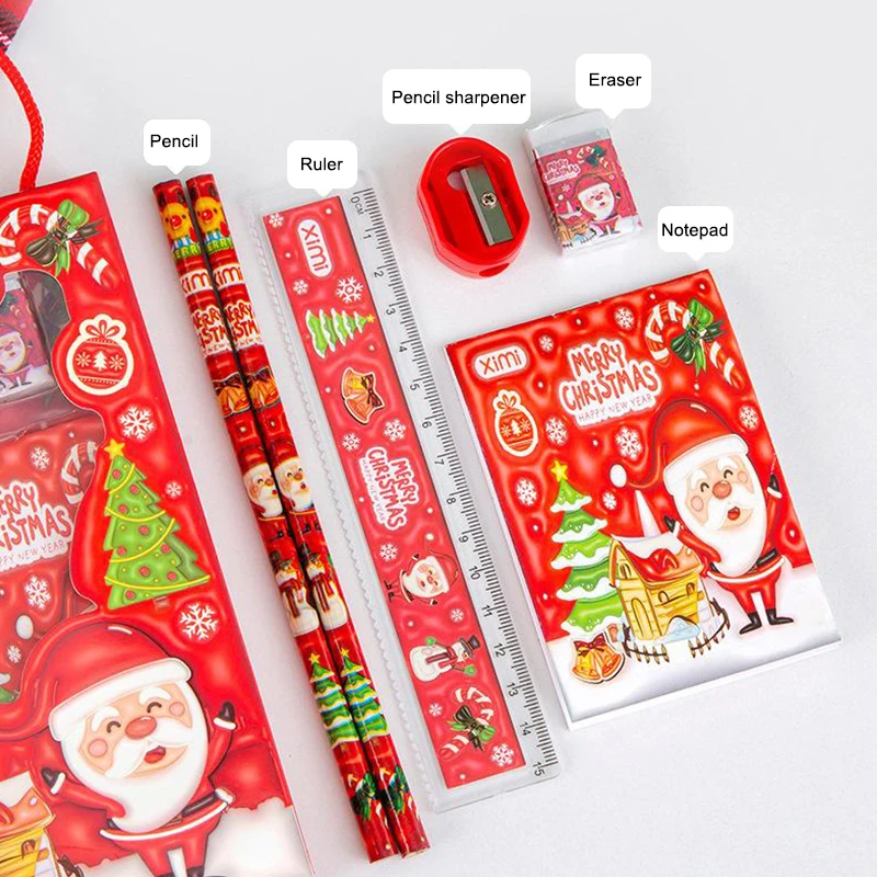6Pcs Christmas Stationery Set Kids Cartoon Pencils Eraser Ruler Memo Pads Sharpener Set School Supplies Student Prize Gift