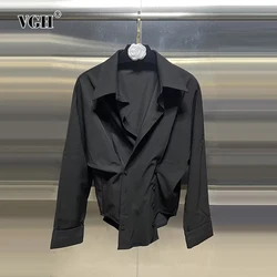 VGH Solid Casual Loose Shirts For Women Lapel Long Sleeve Spliced Double Breasted Minimalist Blouses Female Clothing Fashion New