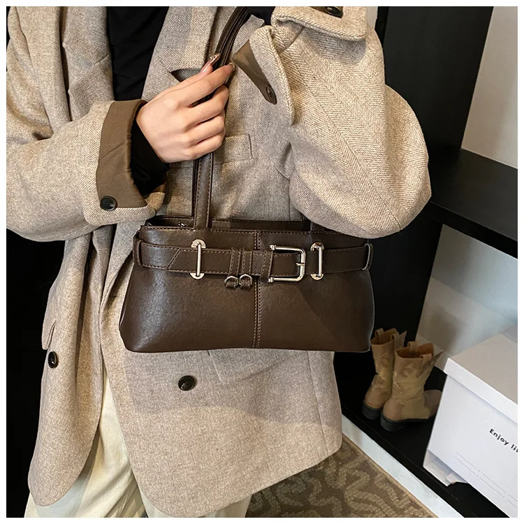 Vintage Buckle Shoulder Bag Women Retro Faux Leather Underarm Bag Belt Decor Handbag Daily Commute Fashion Crossbody Purse