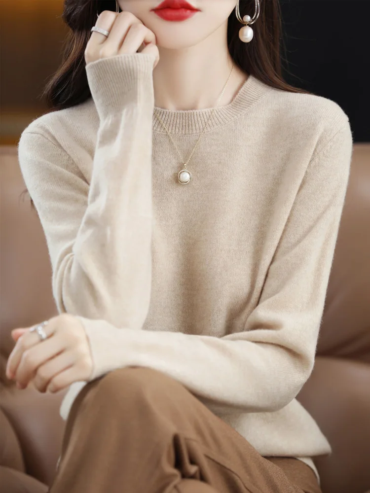 Fashion 100% Merino Wool Sweater Cashmere Pullover Women Knitted O-Neck Long Sleeve Knitwear Clothing  Jumper Tops