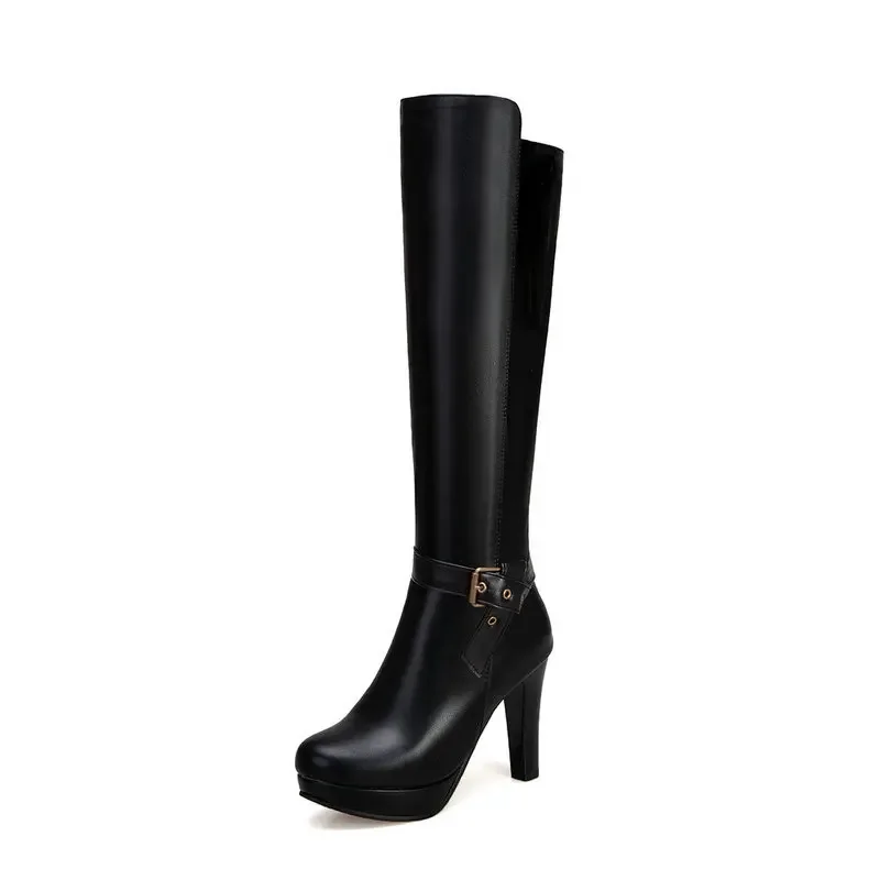 Nude Brown Color Mature Elegant Woman Shoes Winter High Heels Round Toe Platform Knee High Slim Boots Buckle Belt Designer Boot
