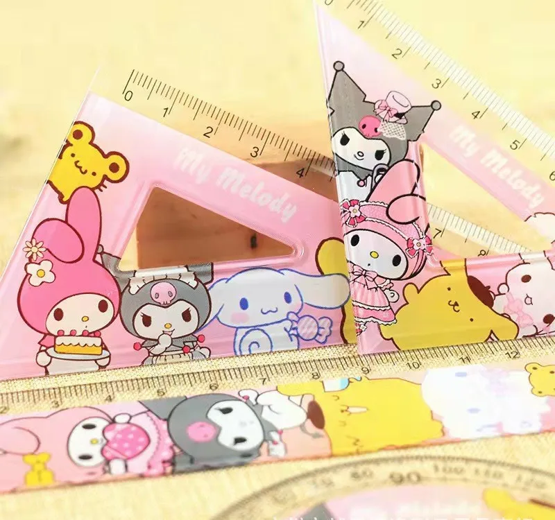 4Pcs/Set Sanrio Ruler Cartoon Kawaii Melody Kuromi Triangular Plate Protractor Measuring Ruler Set Students Stationery Gifts