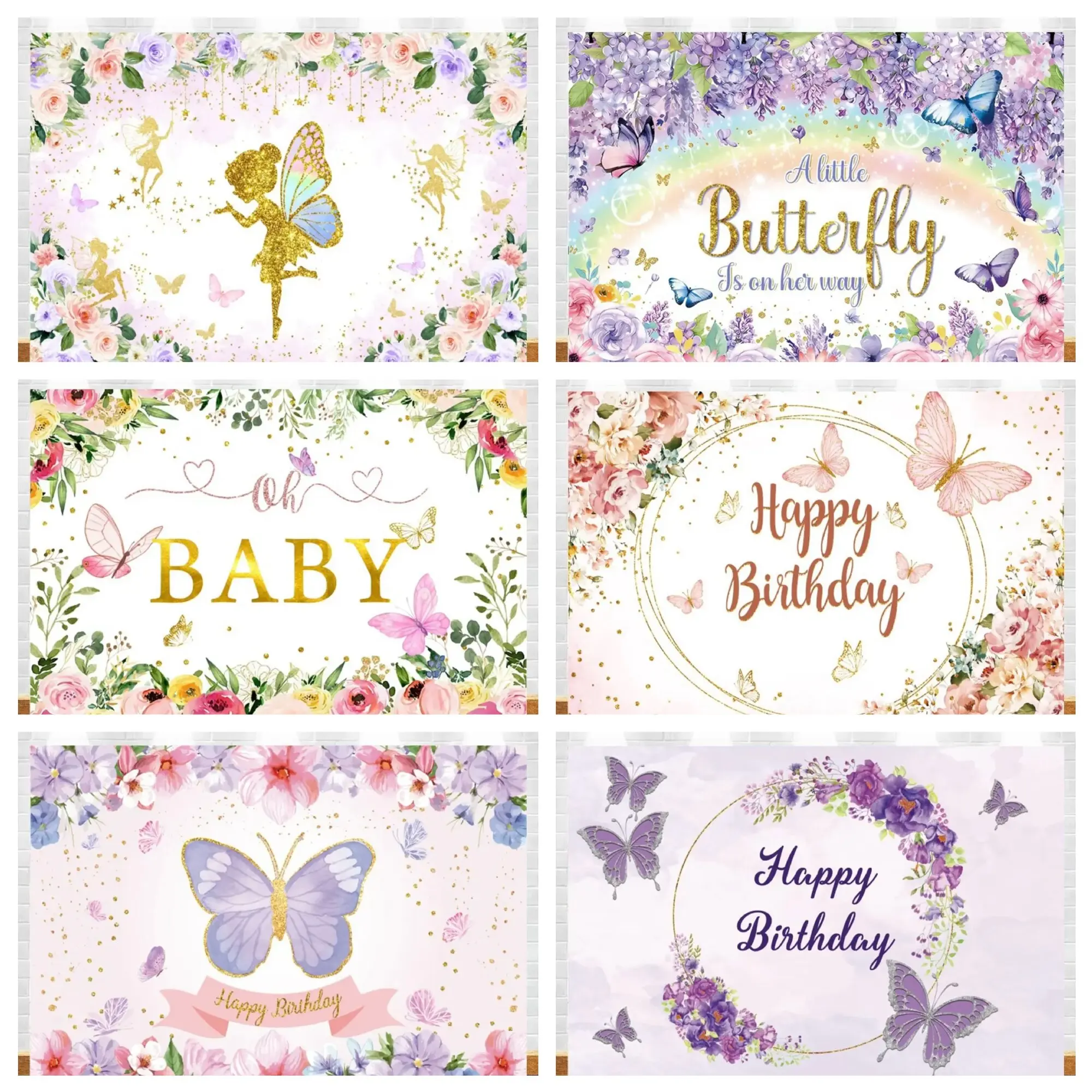 Cartoon Butterfly Backdrop Photography Girl First Birthday Party Flower Gold Dots Baby Shower Photo Background For Photo Studio