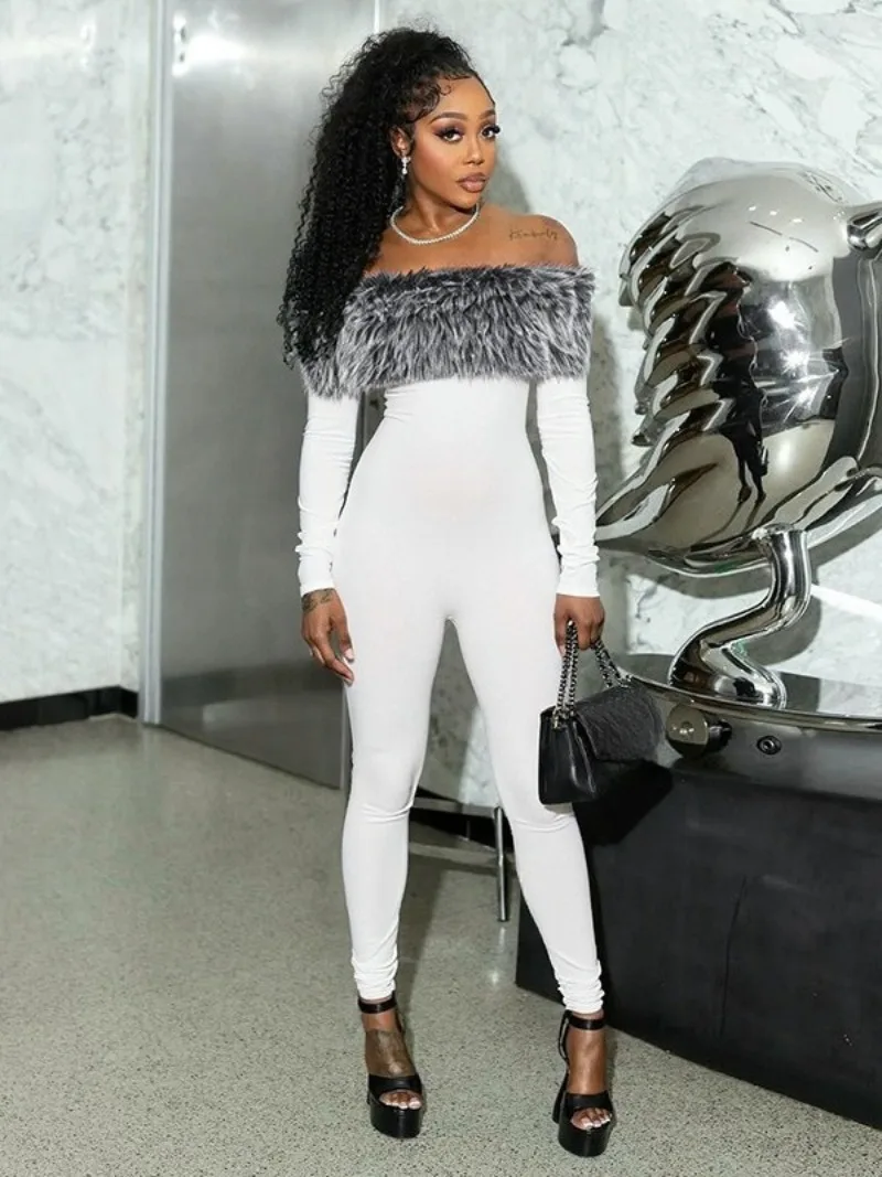 

FDYOUI женские осенне-зимние меховые лоскутные белые комбинезоны уличная одежда с длинными рукавами цельный комбинезон для вечеринок и клубов черный боди