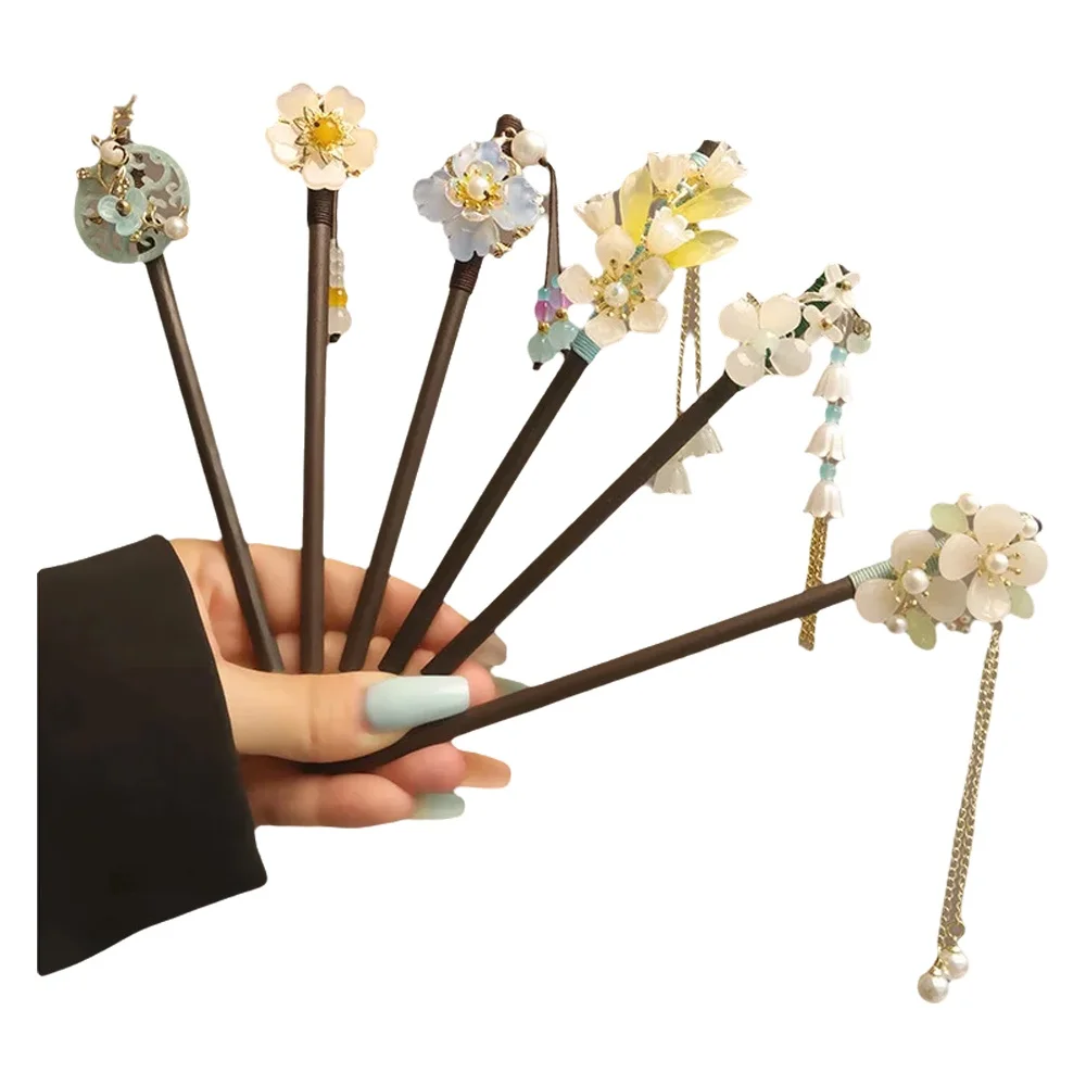 Fleur gland perle bâtons de cheveux en bois fourchette à cheveux épingle à cheveux Style chinois à la main Floral bâton de cheveux femmes Hanfu cheveux accessoires