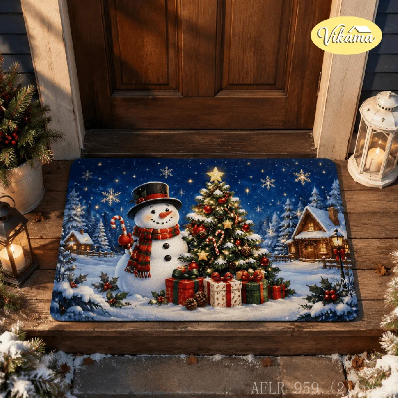 Snowflake, Bow & Snow Christmas Flannel Xmas Tree Door Mat, Non-Slip Washable Xmas Area Rug for Entryway Front Door Living Room