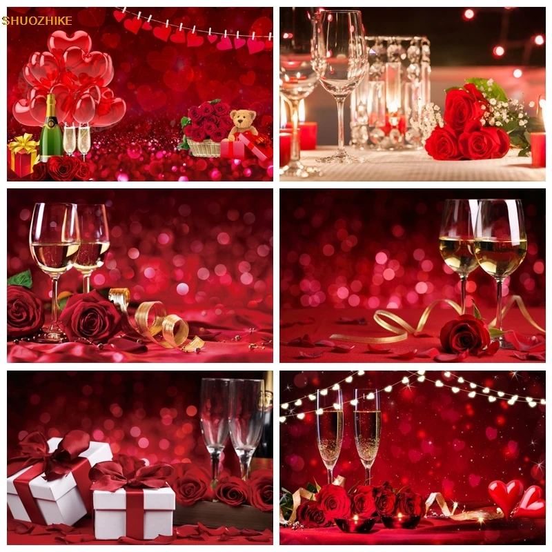 Red Hearts Balloons Love Valentine's Day Theme Photography Backdrops Red Rose Flower Wedding Bridal Shower Photo Background