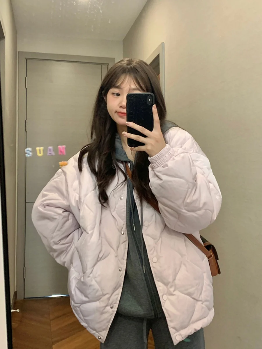 

Korean Sle Winter Puffer Jaet Women's Loose Fit Thiened Cotton Coat Diamond Pattern High Collar Single Button Closure