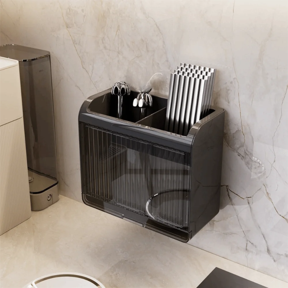 

Removable Wall-mounted Chopstick Cage Space-Saving Ventilated Chopstick Storage Box with Draining Tray Good Load-bearing