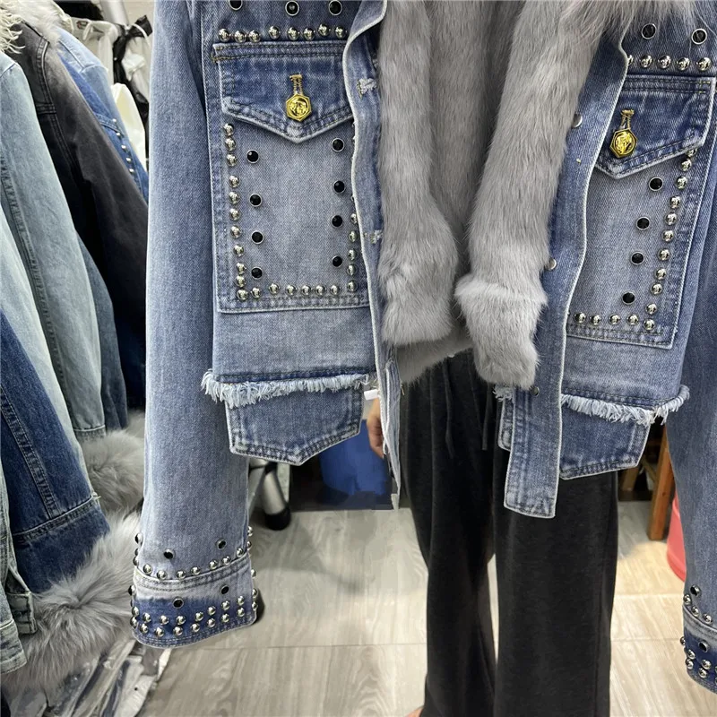 Fur Liner thick denim jacket for women autumn winter 2023 new short fashion Rivet fox fur collar fur coat Female Outerwear Y4539