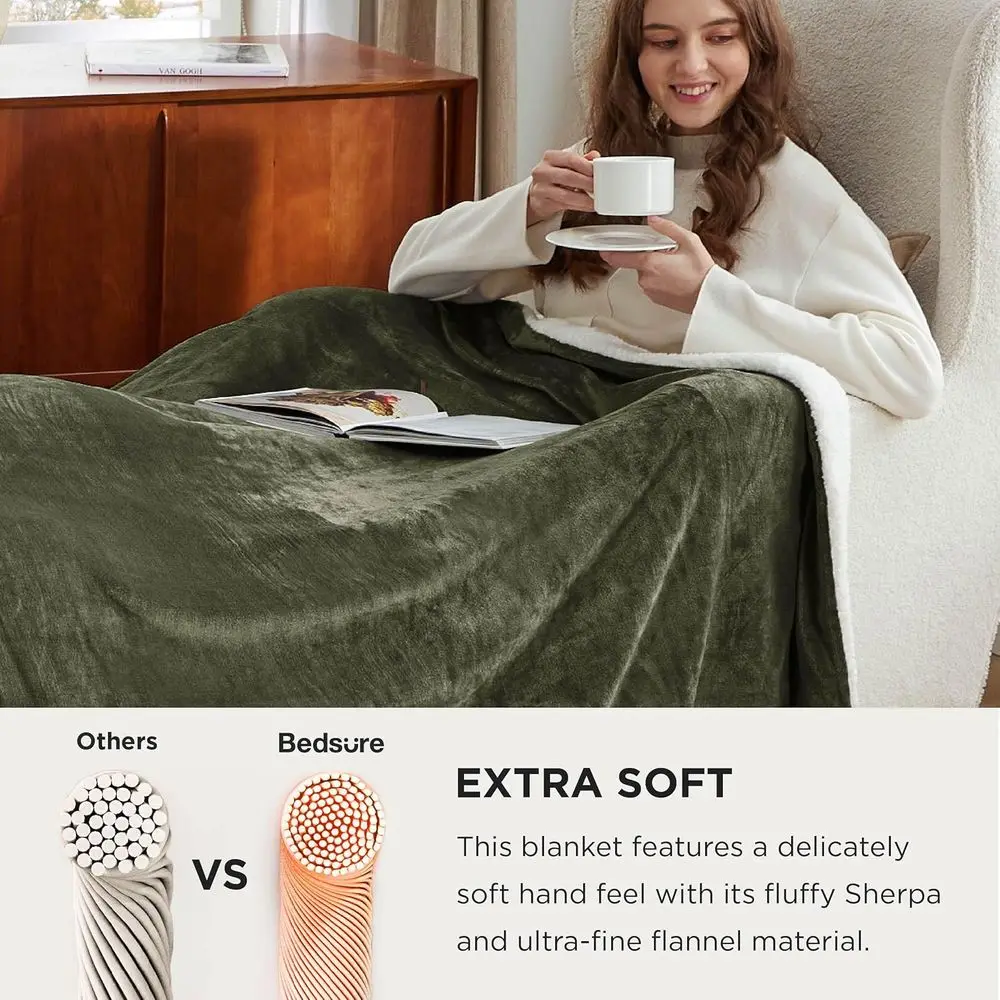 بطانية كال كينج من صوف شيربا كبيرة الحجم باللون الأخضر الزيتوني - رمي دافئ من القطيفة لفصل الشتاء، 112 × 98