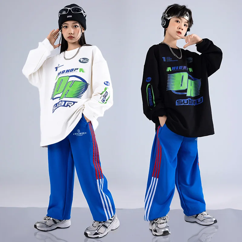 Hip Hop Kinder Cool Drum Kit Junge Jazz Dance Kostüm Mädchen Rundhals Schwarz Weiß Langarm Blau Hosen Anzug