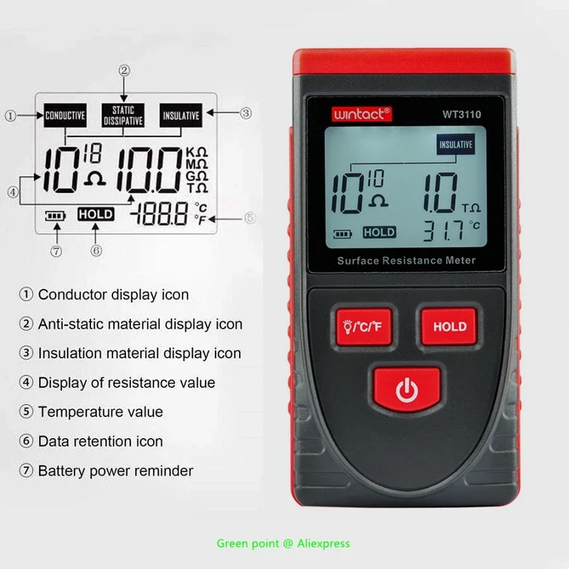 5PCS WINTACT Handheld Surface Resistance Meter LCD Digital Display Static Measuring Instrument Ohm Meter Electronic Components