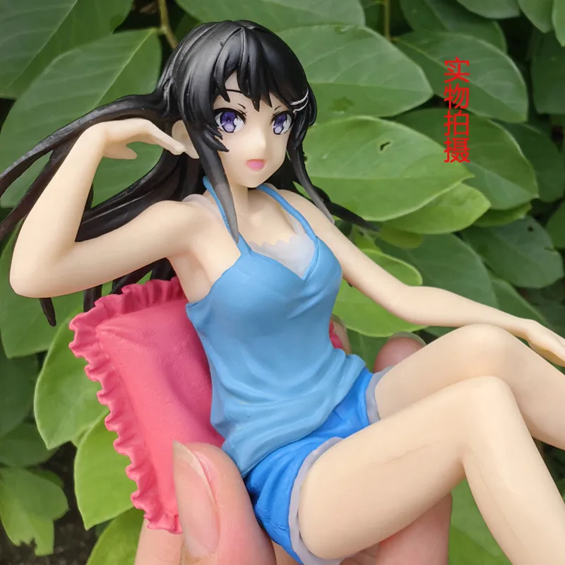 9CM Sakurajima Mai Anime Figure PVC Sitting Posture Home Clothes Blue Suspenders Shorts Model Action Figure Toys Collection