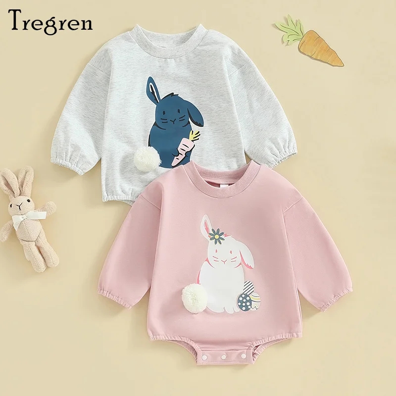 

Tregren 0-24M Infant Baby Bubble Romper Spring Long Sleeve Round Neck Carrot/Easter Egg Print Bodysuit Newborn Jumspuit Clothes