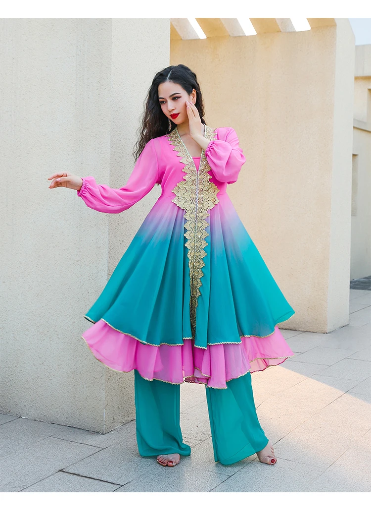 التدرج الألوان الشعبية زي بانداري أداء مجموعة المنافسة وتتسابق الثناء الرقص المطرزة التنانير الكاملة السراويل الزي #5