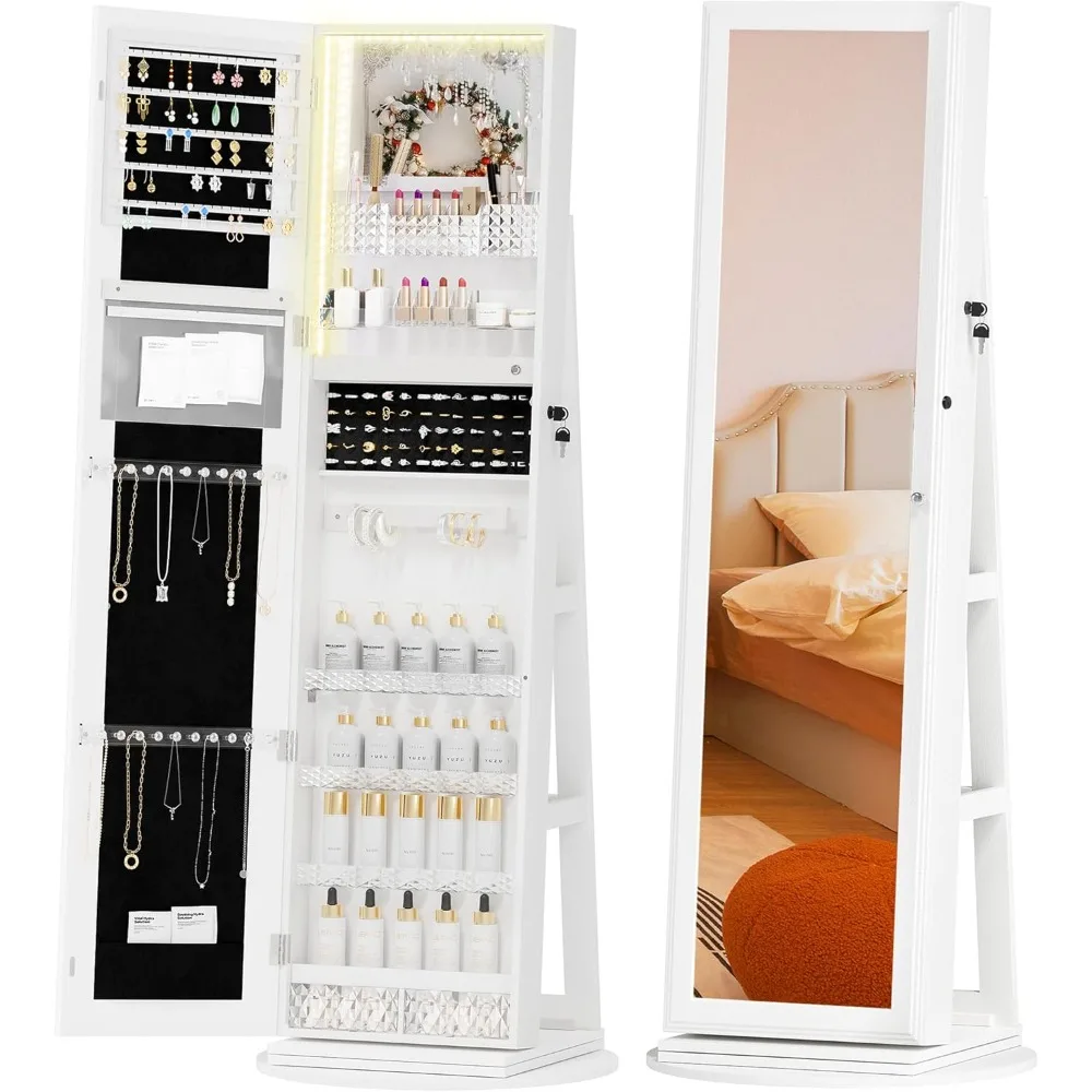 

Mirror Jewelry Cabinet Standing, 360° Swivel Jewelry Armoire with 3 Color LED Lights, Lockable Jewelry Organizer with Storage